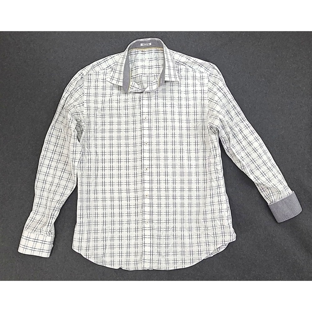 Bugatchi Uomo Mens Button Up Shirt Shaped Fit White Gray Plaid Sz Large